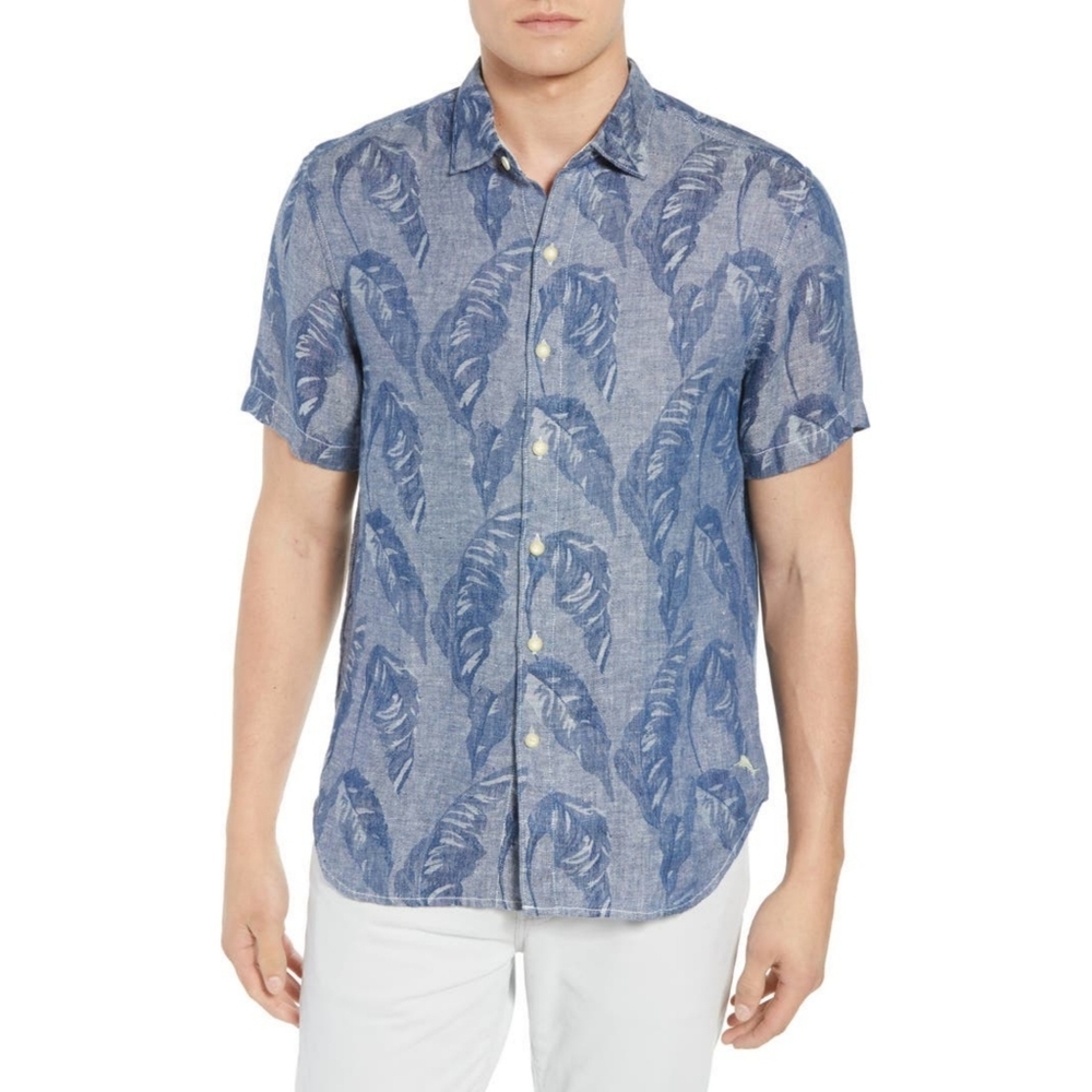 Tommy Bahama 100% Linen Help Me Fronda Camp Shirt Blue